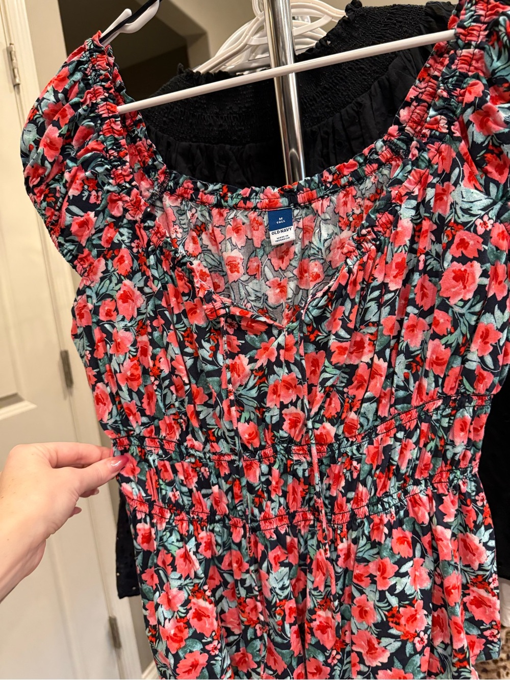 Old Navy Black Tunic Top with Red & Mint Floral Print